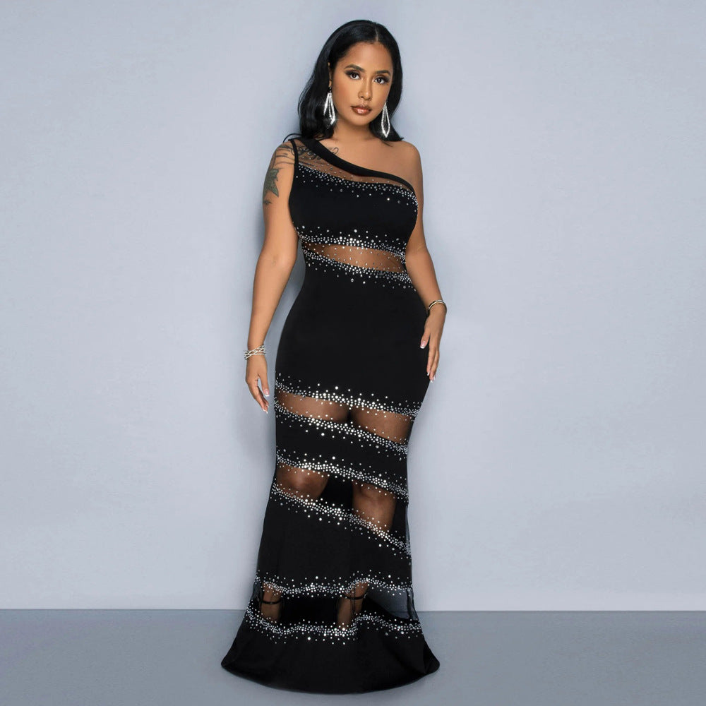 Sleeveless Dress Tribute Stitching Mesh Drilling Solid Color Dress Women Sexy Dress Bella Mia