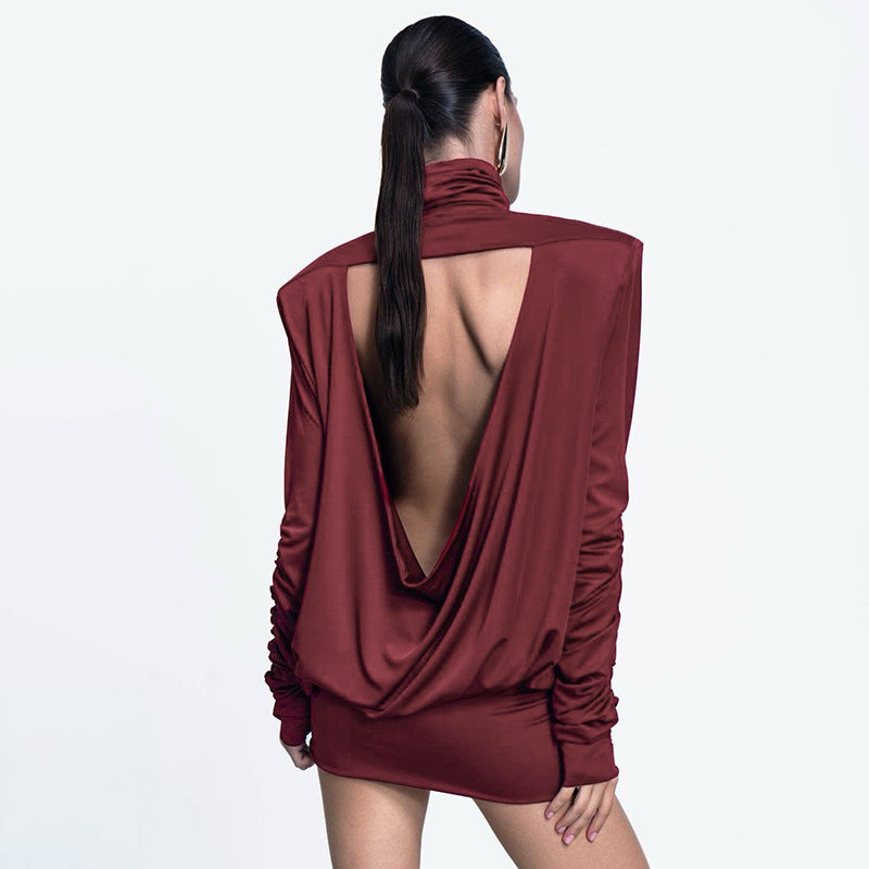 Women Clothing Autumn Winter Turtleneck Padded Shoulder Loose Pleated Sexy Backless Dress Bella Mia