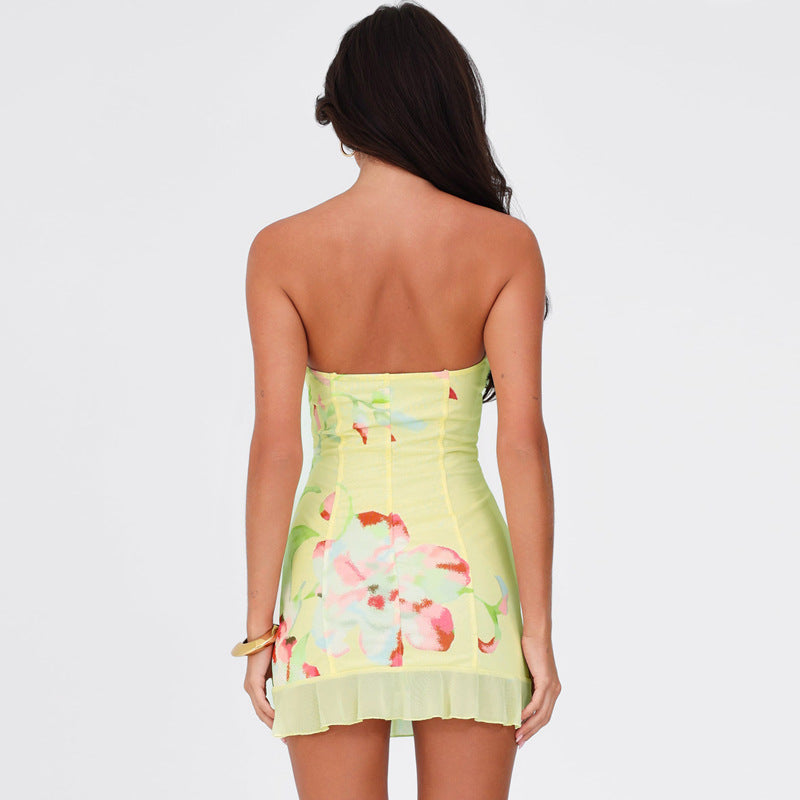 Spring Printed Sleeveless Tube Top Short Slim Sheath Dress Women Bella Mia