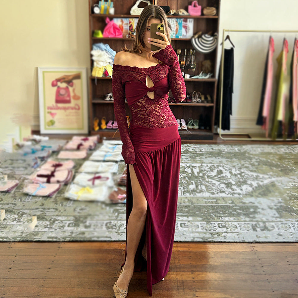 Summer Arrival off Neck Lace Maxi Dress Sexy High Split Pleated Dress for Women Bella Mia
