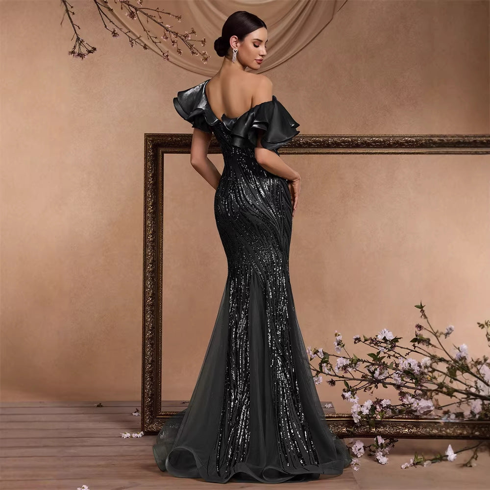 Elegant Ruffle Sleeve Sequin Elegant Cocktail Party Dinner Dress Backless Luxury Fishtail Graduation Evening Bella Mia