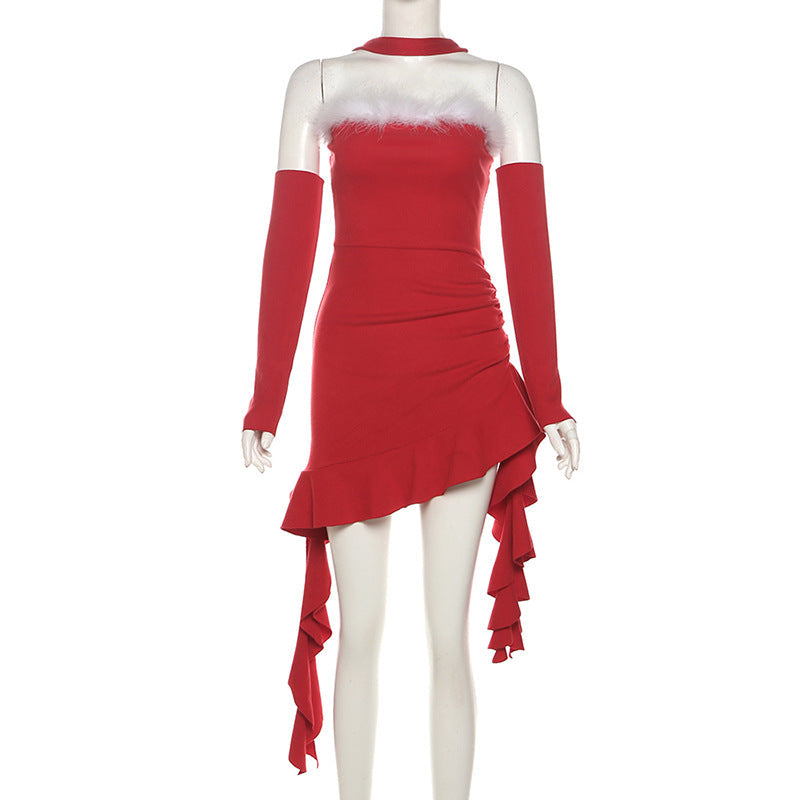Winter Christmas Women Sexy Sexy Tube Top Neck Sling Long Cuff Irregular Asymmetric Dress Bella Mia