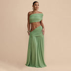 Women Clothing Spring Sexy Solid Color Tube Top Vest Slim Ribbon Pleated Skirt Sets Bella Mia