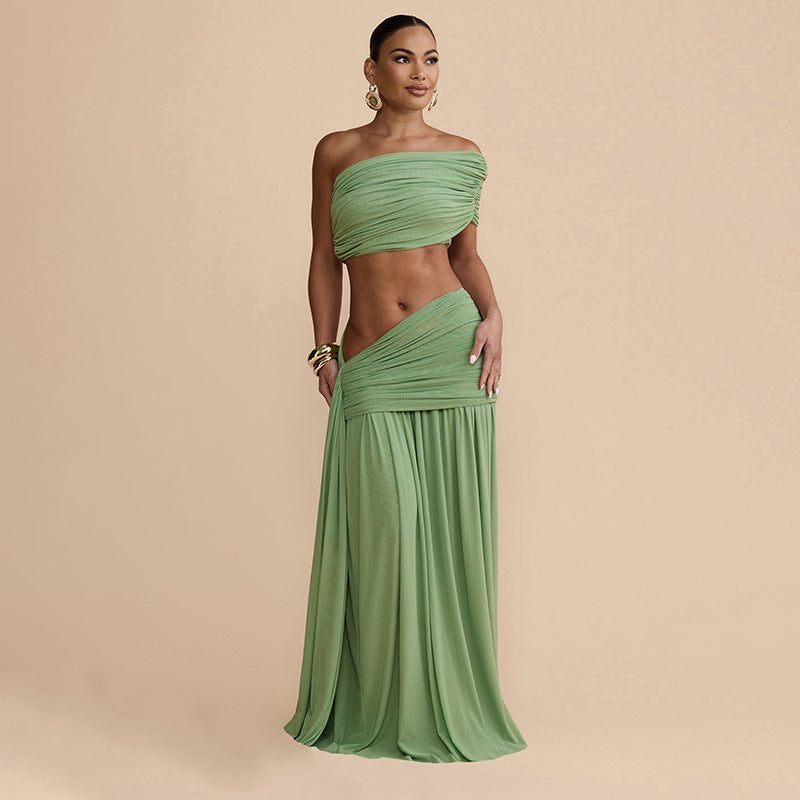 Women Clothing Spring Sexy Solid Color Tube Top Vest Slim Ribbon Pleated Skirt Sets Bella Mia