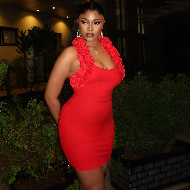Women Clothing Solid Color Dress Sexy Ruffles Spaghetti Straps Sleeveless Backless Hip Bella Mia