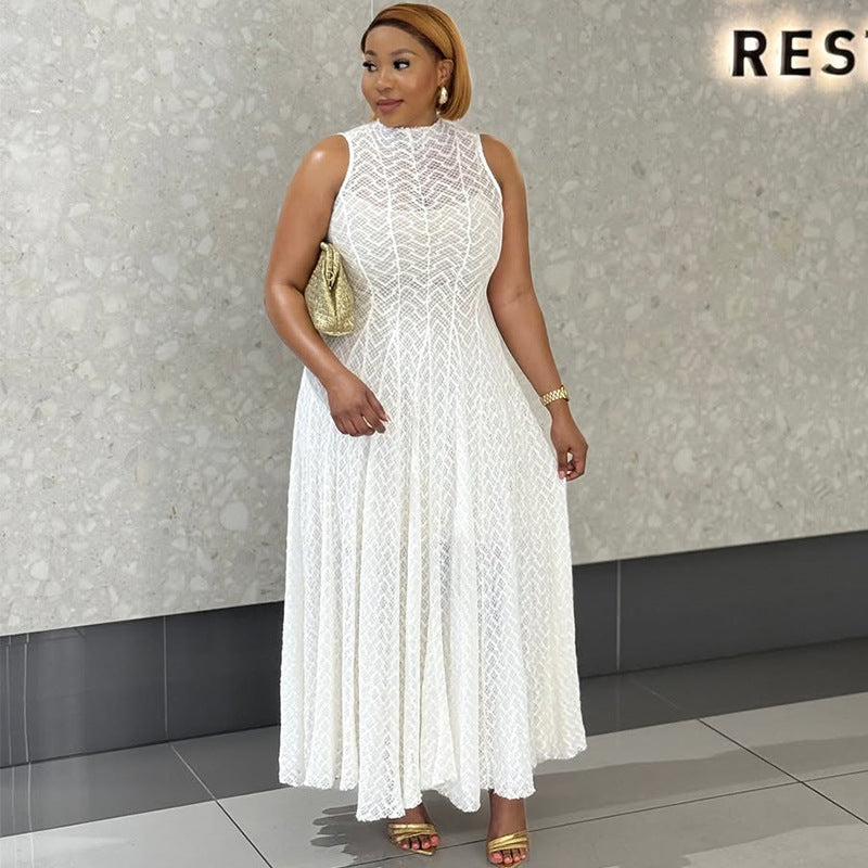 Women Clothing Autumn Dignified Sense Design round Neck Sleeveless Slim Lace White Dress Bella Mia