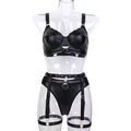 Punk Series Three Piece Set of Sexy Lingerie Black Faux Leather Subdued Leather Metal Stamping Heavy Industry Bella Mia
