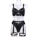 Punk Series Three Piece Set of Sexy Lingerie Black Faux Leather Subdued Leather Metal Stamping Heavy Industry Bella Mia