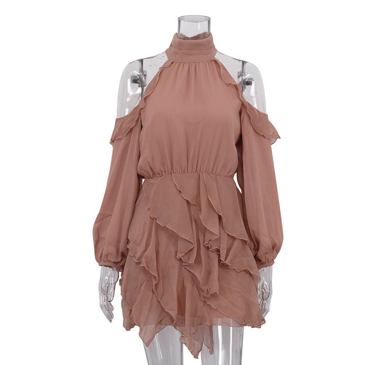 Elegant Chiffon Dress Women Halter Off the Shoulder Long Sleeve High Waist A line Dress Bella Mia
