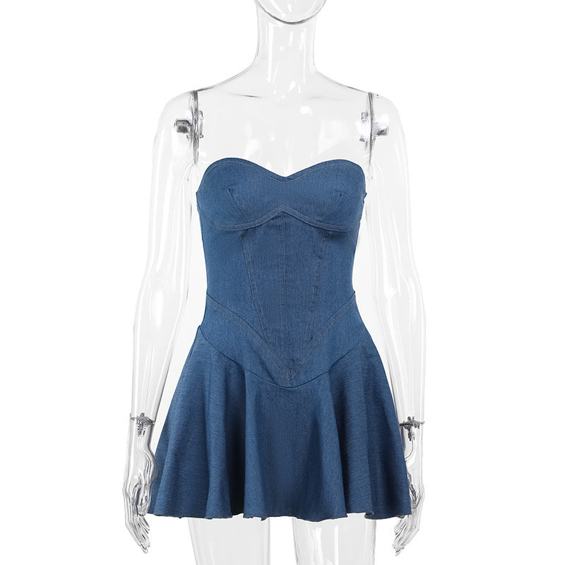 Summer Sheath A Line Sexy Tube Top Imitation Denim Dress Women Bella Mia