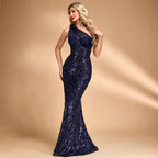Sequin Oblique Shoulder Applique Evening Dress Women Cocktail Fishtail Host Toast Dress Bella Mia