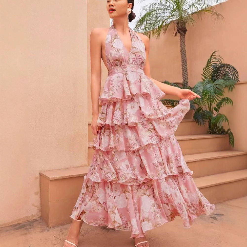 Spring Women Clothing Dress Sexy V neck Sling Multi Layer Printing Dress Bella Mia