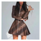 Women Fashionable Fitted Long Sleeve Pleated Faux Leather Zipper Dress Bella Mia
