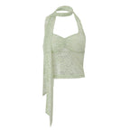 Women Clothing Summer Sexy Lace See through Decorative Ribbon Short Halterneck Vest Top Bella Mia