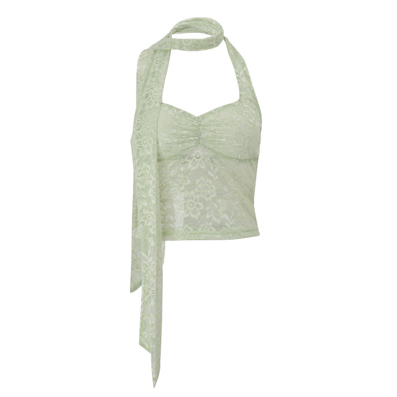 Women Clothing Summer Sexy Lace See through Decorative Ribbon Short Halterneck Vest Top Bella Mia