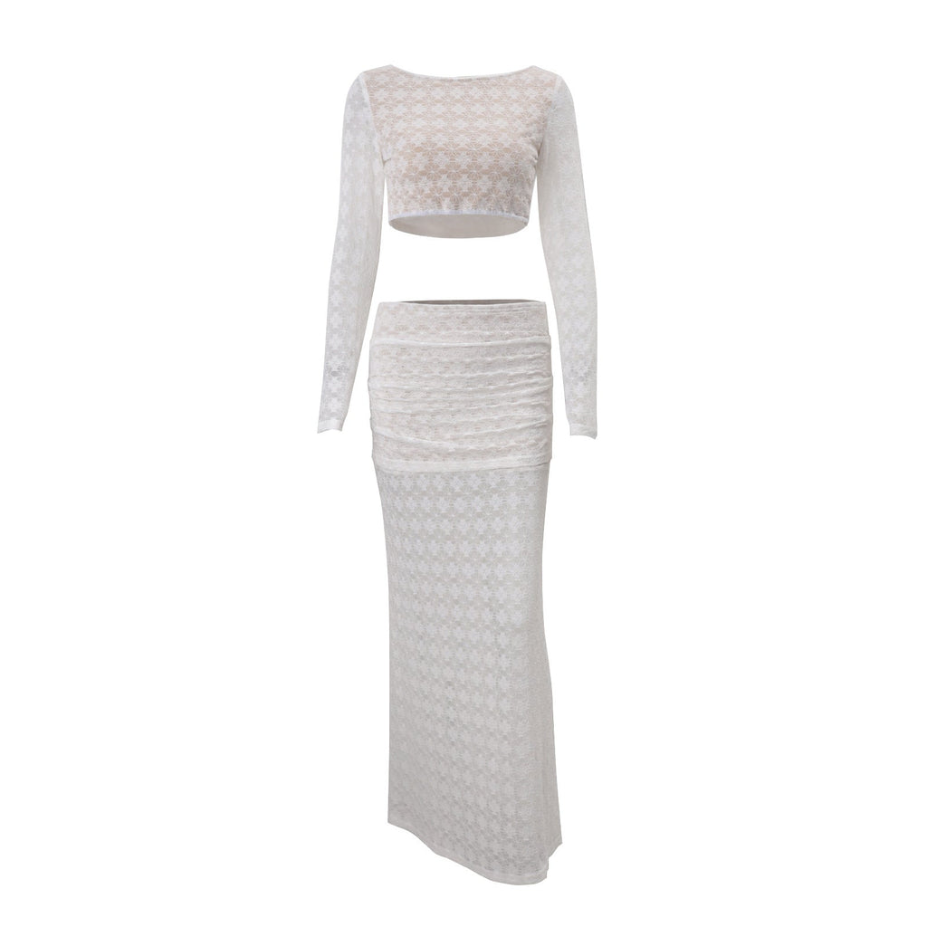 Women Clothing Autumn Sexy round Neck Cropped Long Sleeve Top Low Waist Skirt Set Bella Mia