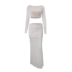 Women Clothing Autumn Sexy round Neck Cropped Long Sleeve Top Low Waist Skirt Set Bella Mia