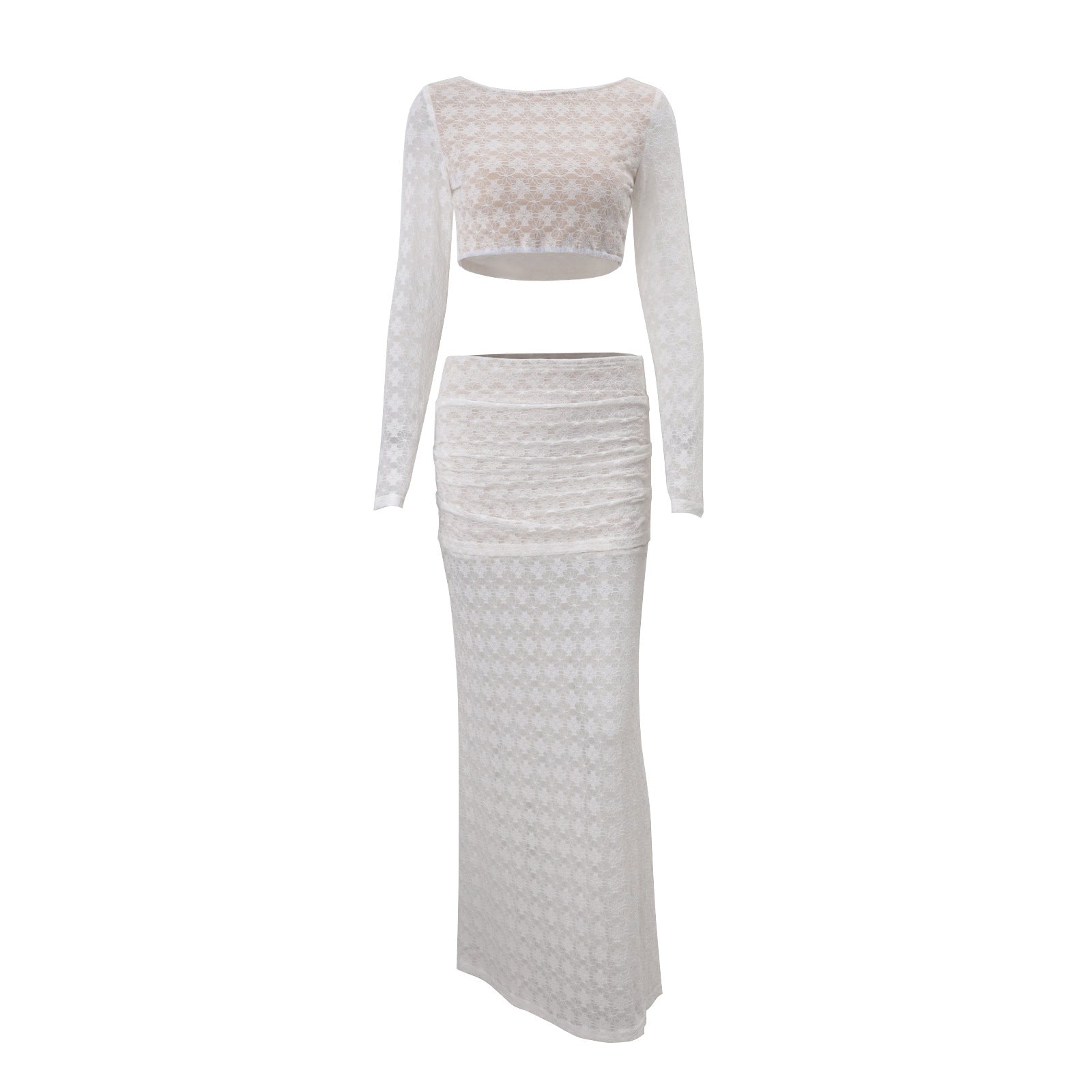 Women Clothing Autumn Sexy round Neck Cropped Long Sleeve Top Low Waist Skirt Set Bella Mia