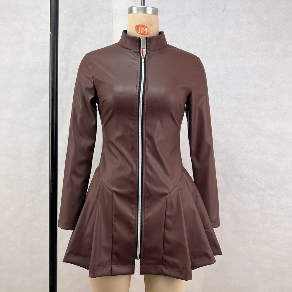 Women Fashionable Fitted Long Sleeve Pleated Faux Leather Zipper Dress Bella Mia
