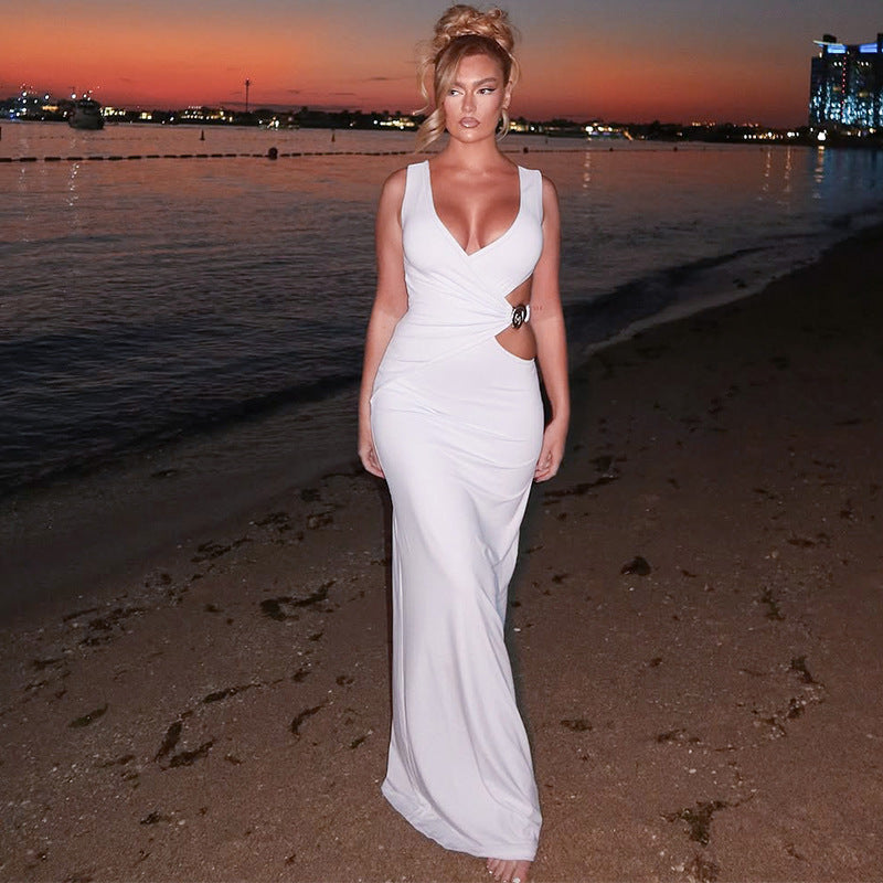 Summer Women Clothing Solid Color V neck Maxi Dress Sexy Cutout Sheath Dress Women Bella Mia