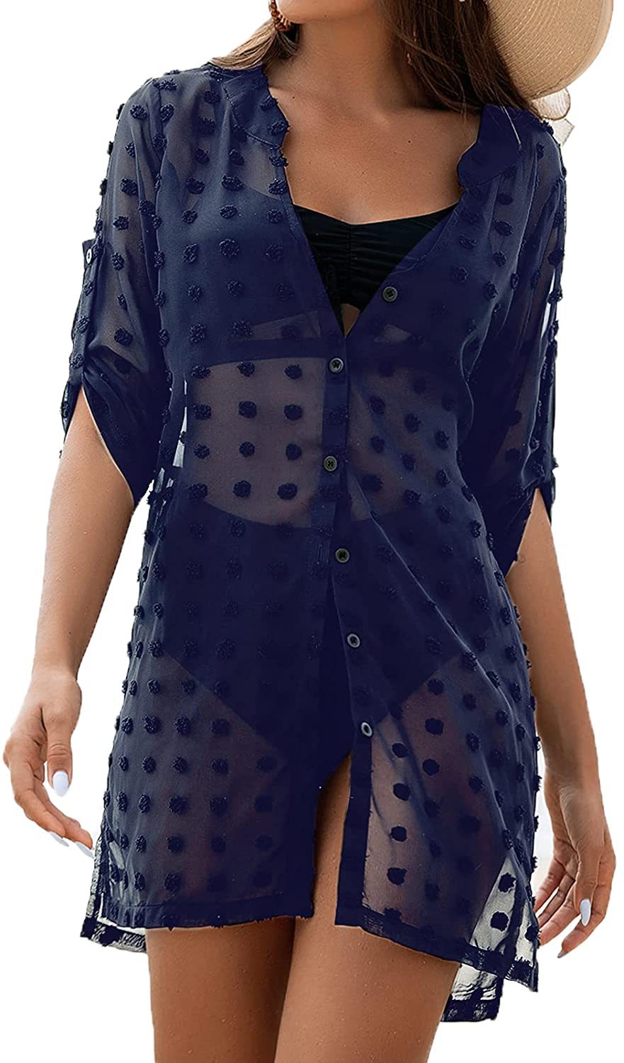 Women Clothing Bikini Transparent V neck Beach Cover up Swimsuit Sun Protection Shirt Dress Bella Mia