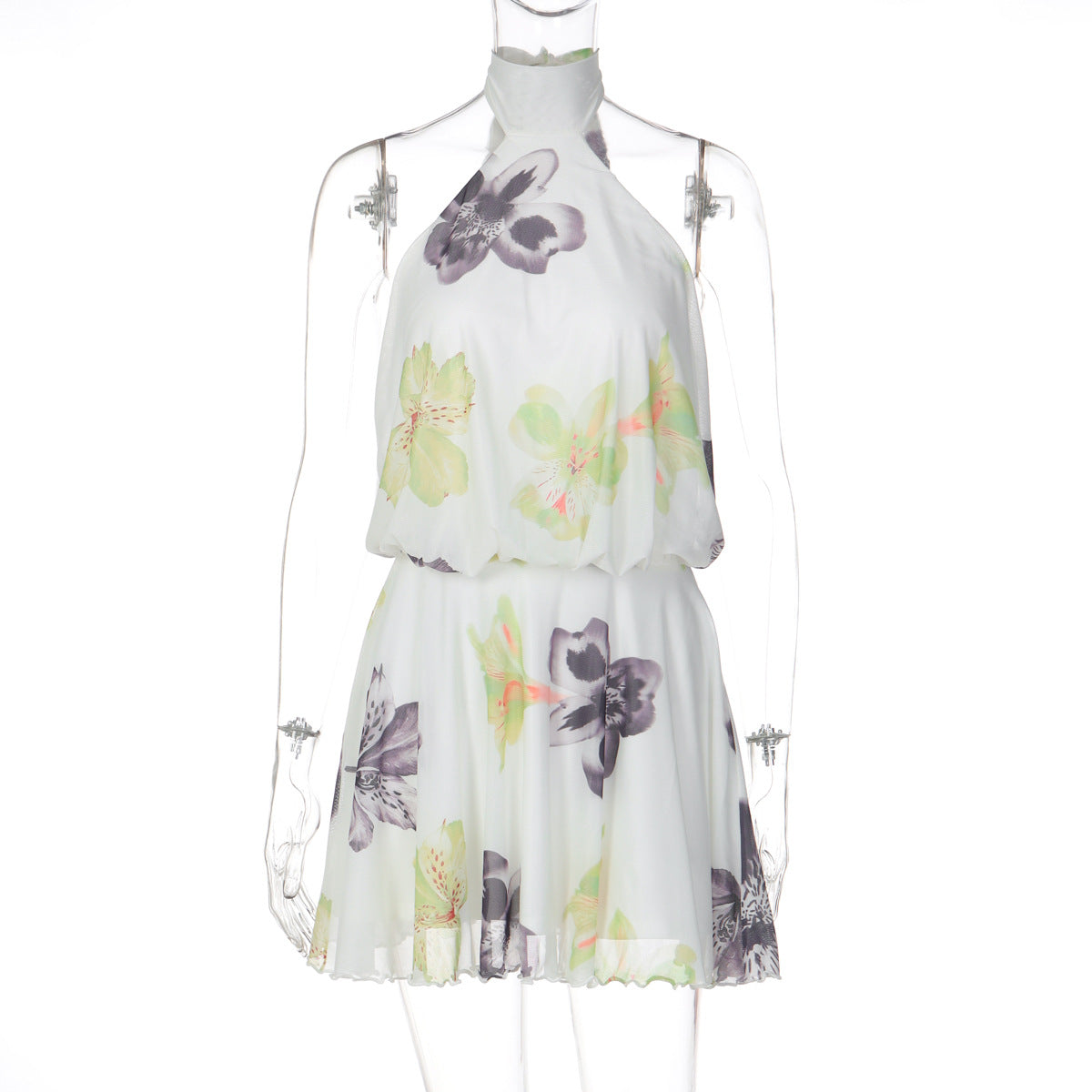 Women Clothing Summer Printed I Halter Fitted Waist Backless Lace up Dress