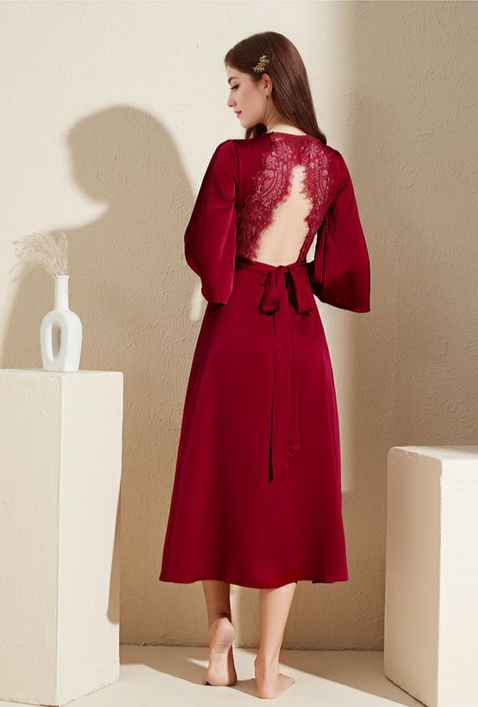 Elegant Lace Keyhole Open Back Soft Satin Robe with Slit - 4 Colors SelenaHuanStudio
