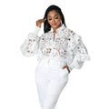 Women Hollow Out Cutout out Flounce Trim Lace up Cardigan Lantern Sleeve Bella Mia