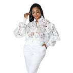 Women Hollow Out Cutout out Flounce Trim Lace up Cardigan Lantern Sleeve Bella Mia
