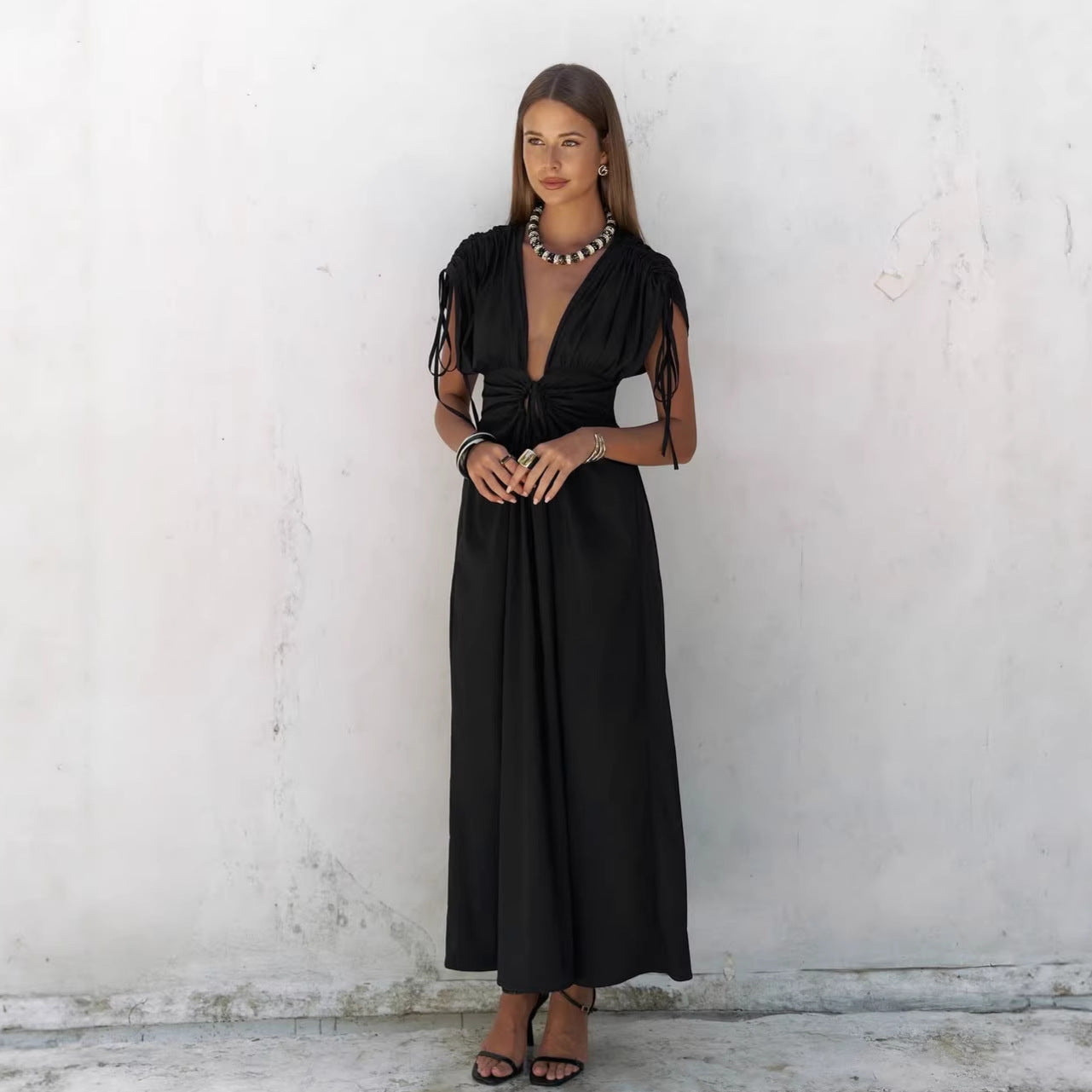 Summer Elegant Black Sexy Backless Deep V Plunge Lace up Slim Fit Short Sleeve French Dress Women Bella Mia