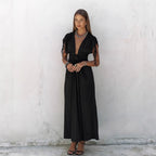 Summer Elegant Black Sexy Backless Deep V Plunge Lace up Slim Fit Short Sleeve French Dress Women Bella Mia