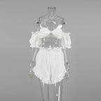 Sexy Summer Pajamas Plaid Retro off Shoulder Ruffled Shorts Two Piece Thin Ladies Homewear Bella Mia