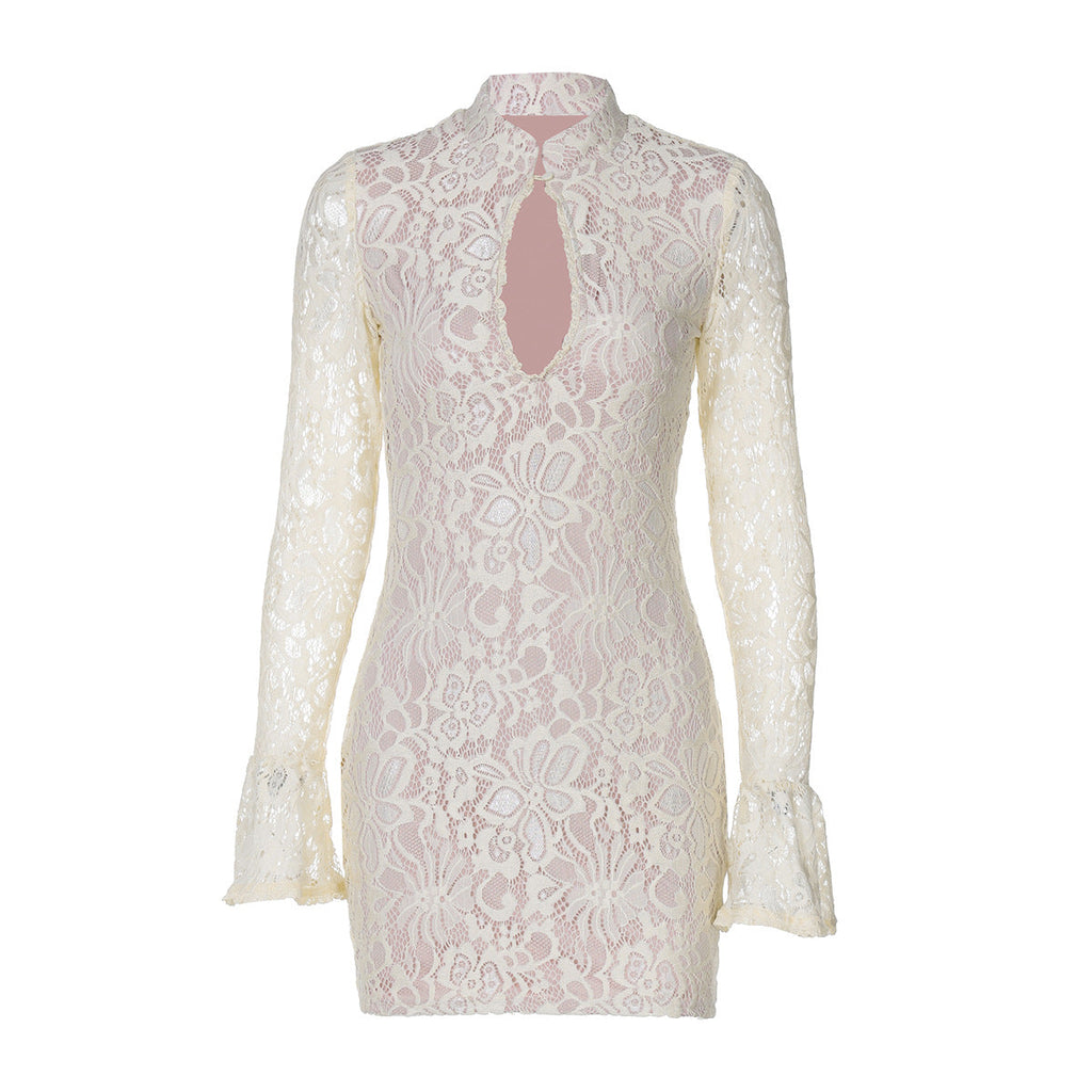 Women Clothing Winter Sexy Lace Cutout Package Hip Flare Sleeve Dress Bella Mia