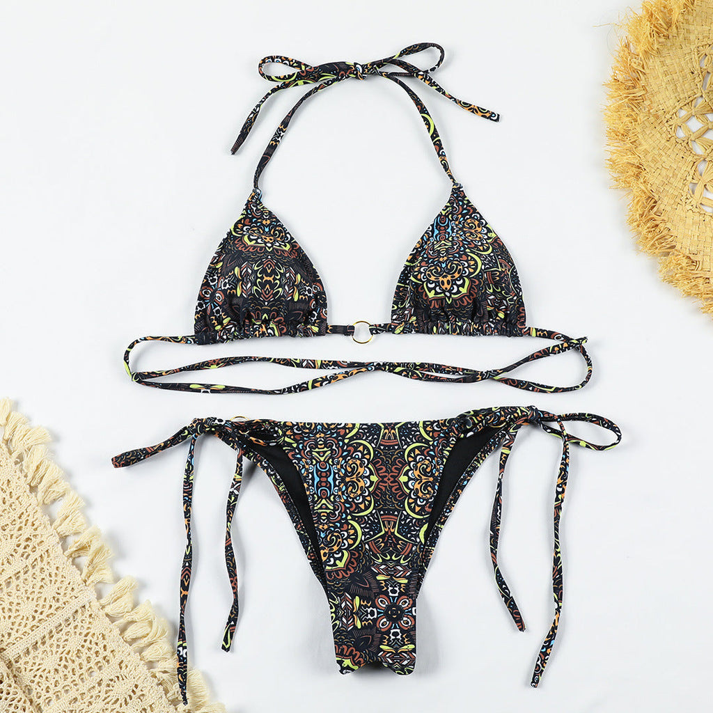 Sexy Printed Backless Split Swimsuit Women Lace up Three Ring Bikini Bella Mia