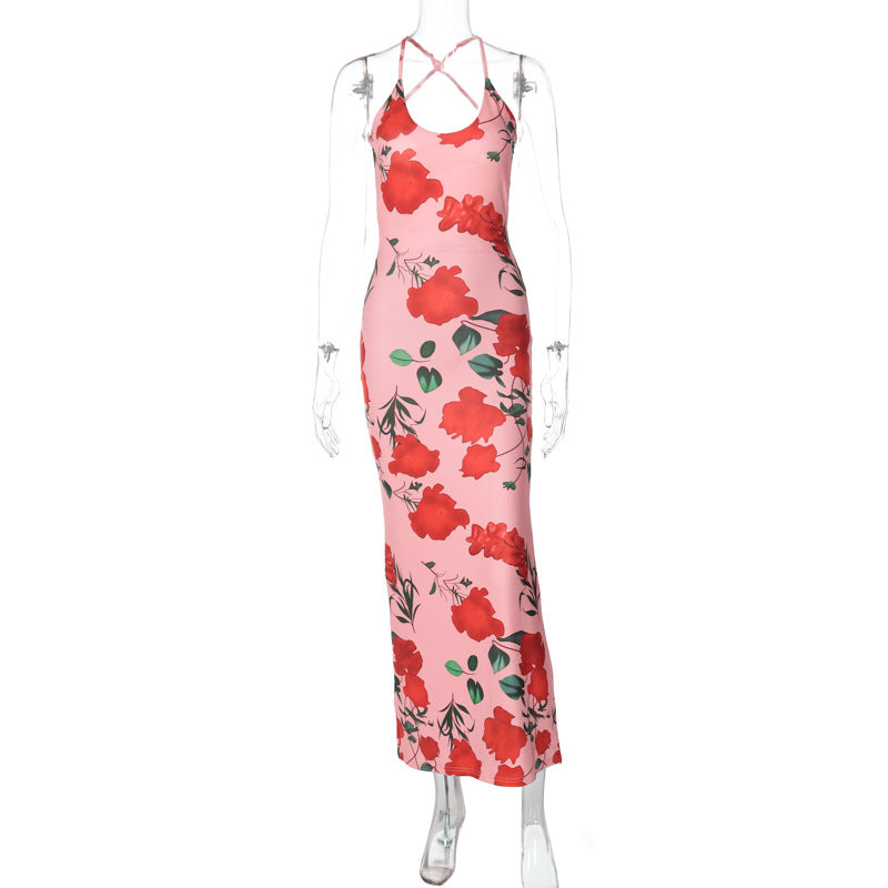Women Clothing Spring Summer Printed Sexy Backless U Neck Slim Strap Dress Bella Mia