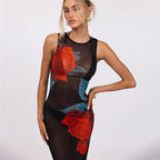 Summer Women Clothing Personalized Stylish Print Round Neck Slim Mesh Sexy Sheath Dress Bella Mia