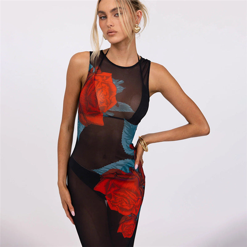 Summer Women Clothing Personalized Stylish Print Round Neck Slim Mesh Sexy Sheath Dress Bella Mia