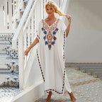 White Rayon Embroidered Beach Cover Up Robe Vacation Skirt Embroidered Dress Beach Cover Up Bella Mia