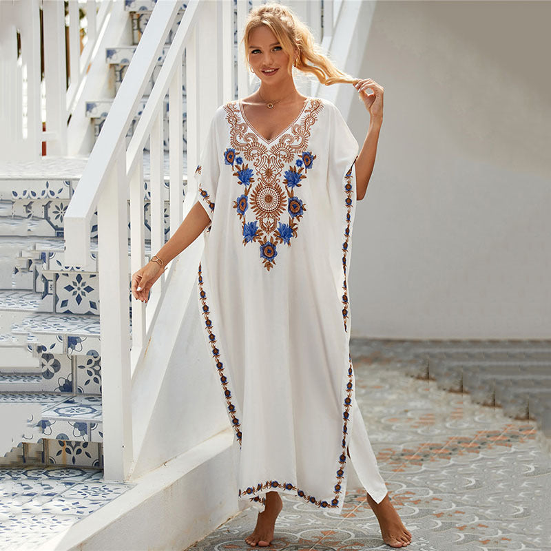 White Rayon Embroidered Beach Cover Up Robe Vacation Skirt Embroidered Dress Beach Cover Up Bella Mia