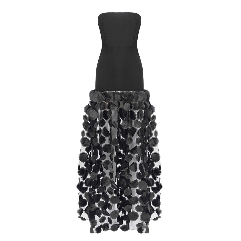 Spring Summer Black White Tube Top Dress Three Dimensional Floral Pettiskirt Dinner Wedding Dress Host Dress