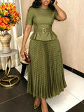 Fruit Green Polka Dot Skirt Set Belt Slim Fit Waist Controlled Top Pleated A Swing Skirt Office Two Piece Set