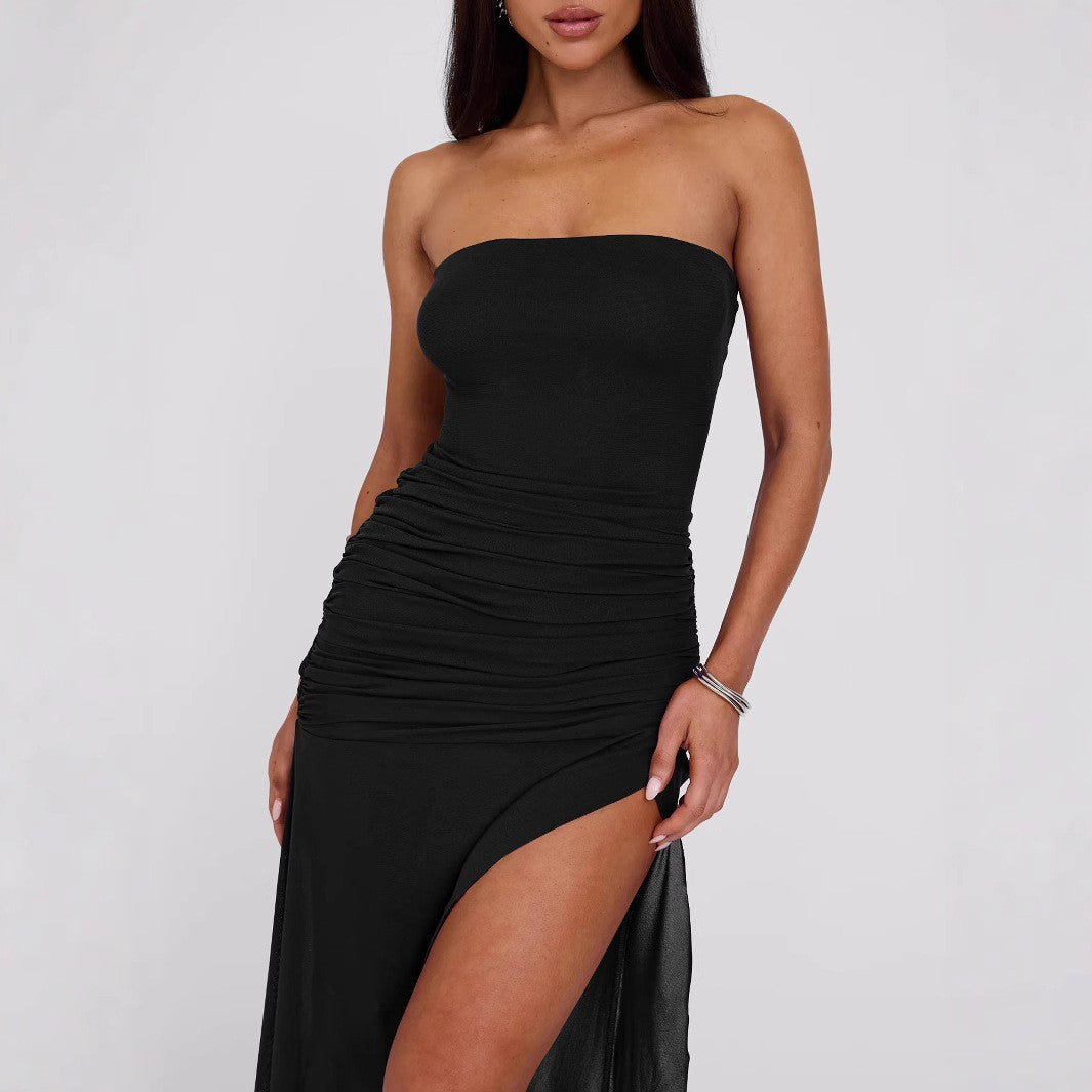 Women Clothing Summer Wind Sexy Tube Top Backless Slim Fitting Patchwork Mesh Irregular Asymmetric Dress Bella Mia