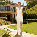 Spring V neck Sleeveless Design Split Dress Tight Waist Slimming Metal Decorative Dress Women Bella Mia