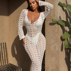 Hollow Out Cutout Knitted Backless Metal Ring Straps Sexy Blouse Seaside Vacation Beach Sun Shield Hanfu Long Robe Bella Mia