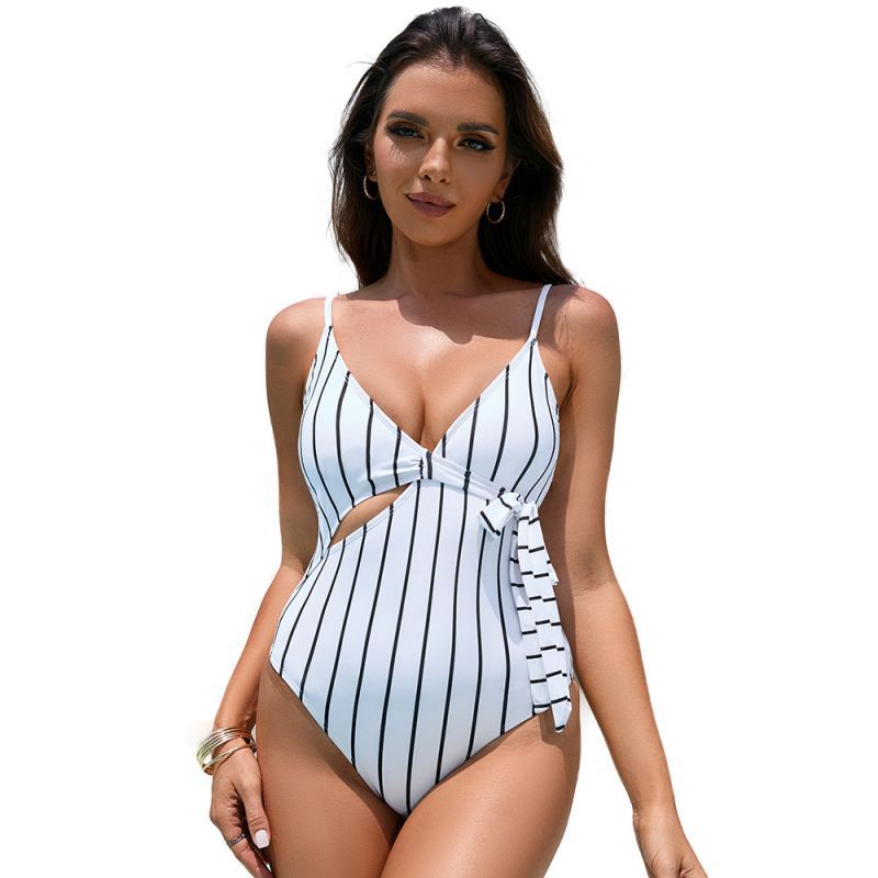 White Striped Sexy Cutout Lace up One Piece Swimsuit Women Bella Mia