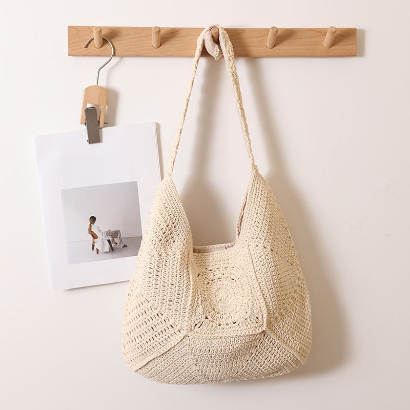 High Grade Single Shoulder Large Capacity Cotton Thread Woven Bag Hollow Out Cutout Floral Straw Bag Vacation Beach Bag Women Bag Bella Mia