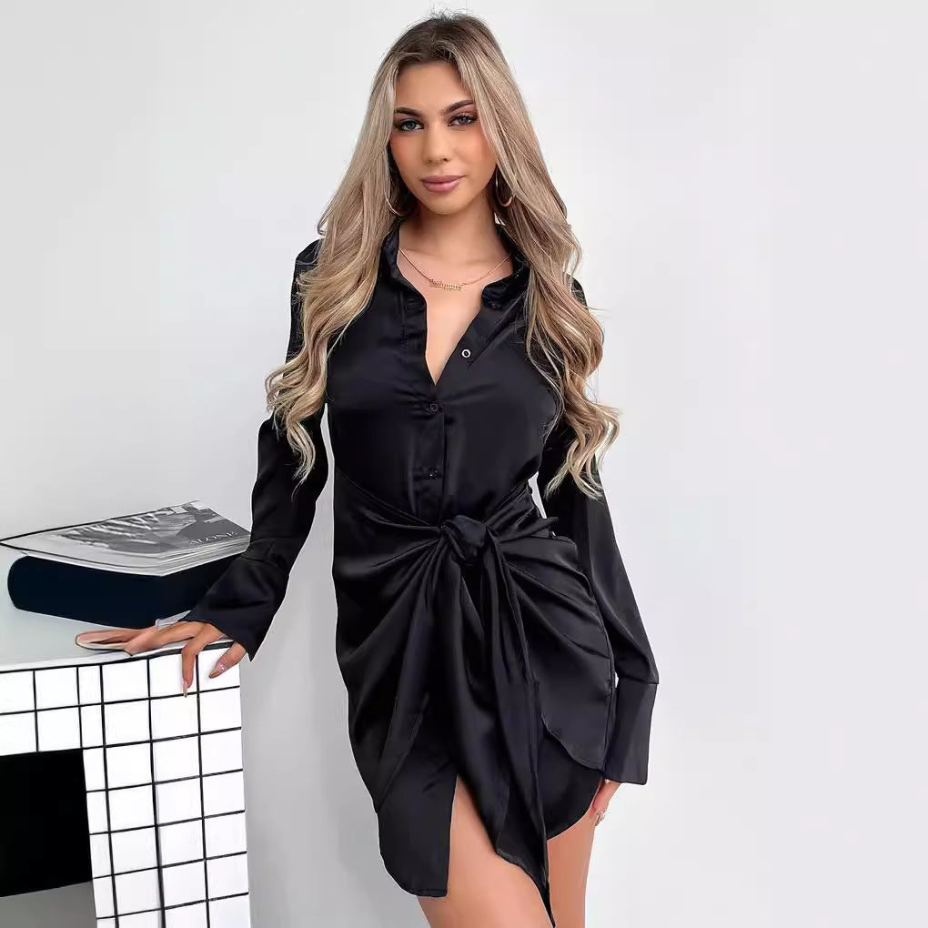 Long Sleeve Women Clothing Spring Autumn Black Button Tied Dress Bella Mia