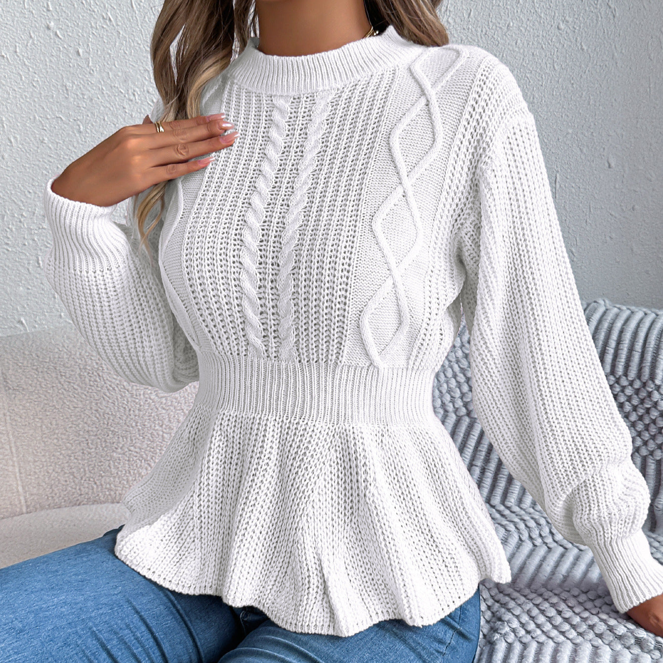 Autumn Winter Solid Color Twist Waist Trimming Ruffles Long Sleeve Pullover Sweater Women Clothing Bella Mia