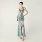 Bead Tube Sequin Spaghetti Strap High Slit Evening Dress Cross Tied Slim Fit Slimming Dinner Social Women Bella Mia