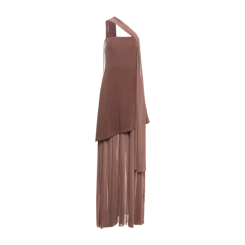 Women Spring Clothing Sexy Slim Fit Backless Mesh Stitching Tube Top Dress Scarf Collar Bella Mia